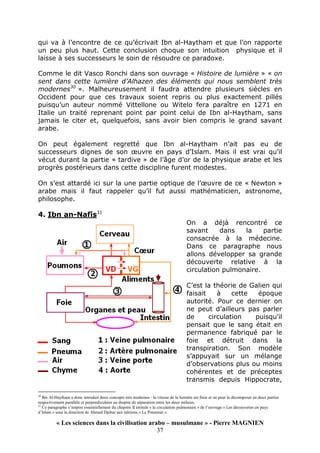 « Les sciences dans la civilisation arabo – musulmane » - Pierre MAGNIEN
37
qui va à l’encontre de ce qu’écrivait Ibn al-Haytham et que l’on rapporte
un peu plus haut. Cette conclusion choque son intuition physique et il
laisse à ses successeurs le soin de résoudre ce paradoxe.
Comme le dit Vasco Ronchi dans son ouvrage « Histoire de lumière » « on
sent dans cette lumière d’Alhazen des éléments qui nous semblent très
modernes30
». Malheureusement il faudra attendre plusieurs siècles en
Occident pour que ces travaux soient repris ou plus exactement pillés
puisqu’un auteur nommé Vittellone ou Witelo fera paraître en 1271 en
Italie un traité reprenant point par point celui de Ibn al-Haytham, sans
jamais le citer et, quelquefois, sans avoir bien compris le grand savant
arabe.
On peut également regretté que Ibn al-Haytham n’ait pas eu de
successeurs dignes de son œuvre en pays d’Islam. Mais il est vrai qu’il
vécut durant la partie « tardive » de l’âge d’or de la physique arabe et les
progrès postérieurs dans cette discipline furent modestes.
On s’est attardé ici sur la une partie optique de l’œuvre de ce « Newton »
arabe mais il faut rappeler qu’il fut aussi mathématicien, astronome,
philosophe.
4. Ibn an-Nafîs31
On a déjà rencontré ce
savant dans la partie
consacrée à la médecine.
Dans ce paragraphe nous
allons développer sa grande
découverte relative à la
circulation pulmonaire.
C’est la théorie de Galien qui
faisait à cette époque
autorité. Pour ce dernier on
ne peut d’ailleurs pas parler
de circulation puisqu’il
pensait que le sang était en
permanence fabriqué par le
foie et détruit dans la
transpiration. Son modèle
s’appuyait sur un mélange
d’observations plus ou moins
cohérentes et de préceptes
transmis depuis Hippocrate,
30
Ibn Al-Haytham a donc introduit deux concepts très modernes : la vitesse de la lumière est finie et on peut la décomposer en deux parties
respectivement parallèle et perpendiculaire au dioptre de séparation entre les deux milieux.
31
Ce paragraphe s’inspire essentiellement du chapitre II intitulé « la circulation pulmonaire » de l’ouvrage « Les découvertes en pays
d’Islam » sous la direction de Ahmed Djebar aux éditions « Le Pommier ».
 