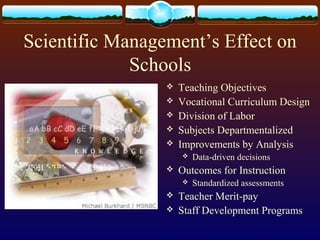 Scientific Management’s Effect on
Schools
 Teaching Objectives
 Vocational Curriculum Design
 Division of Labor
 Subjects Departmentalized
 Improvements by Analysis
 Data-driven decisions
 Outcomes for Instruction
 Standardized assessments
 Teacher Merit-pay
 Staff Development Programs
 