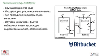Принципы архитектуры. Code Review
• Улучшаем качество кода
• Информируем участников о изменениях
• Код приводится к единому стилю
написания
• Обучаем «новичков», быстро
набирается навык, происходит
выравнивание опыта, обмен знаниями
 