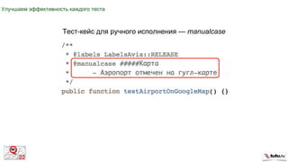 Улучшаем эффективность каждого теста
Тест-кейс для ручного исполнения — manualcase
 