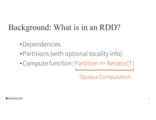 Background: What is in an RDD?
•Dependencies
•Partitions(with optional locality info)
•Compute function: Partition=> Itera...