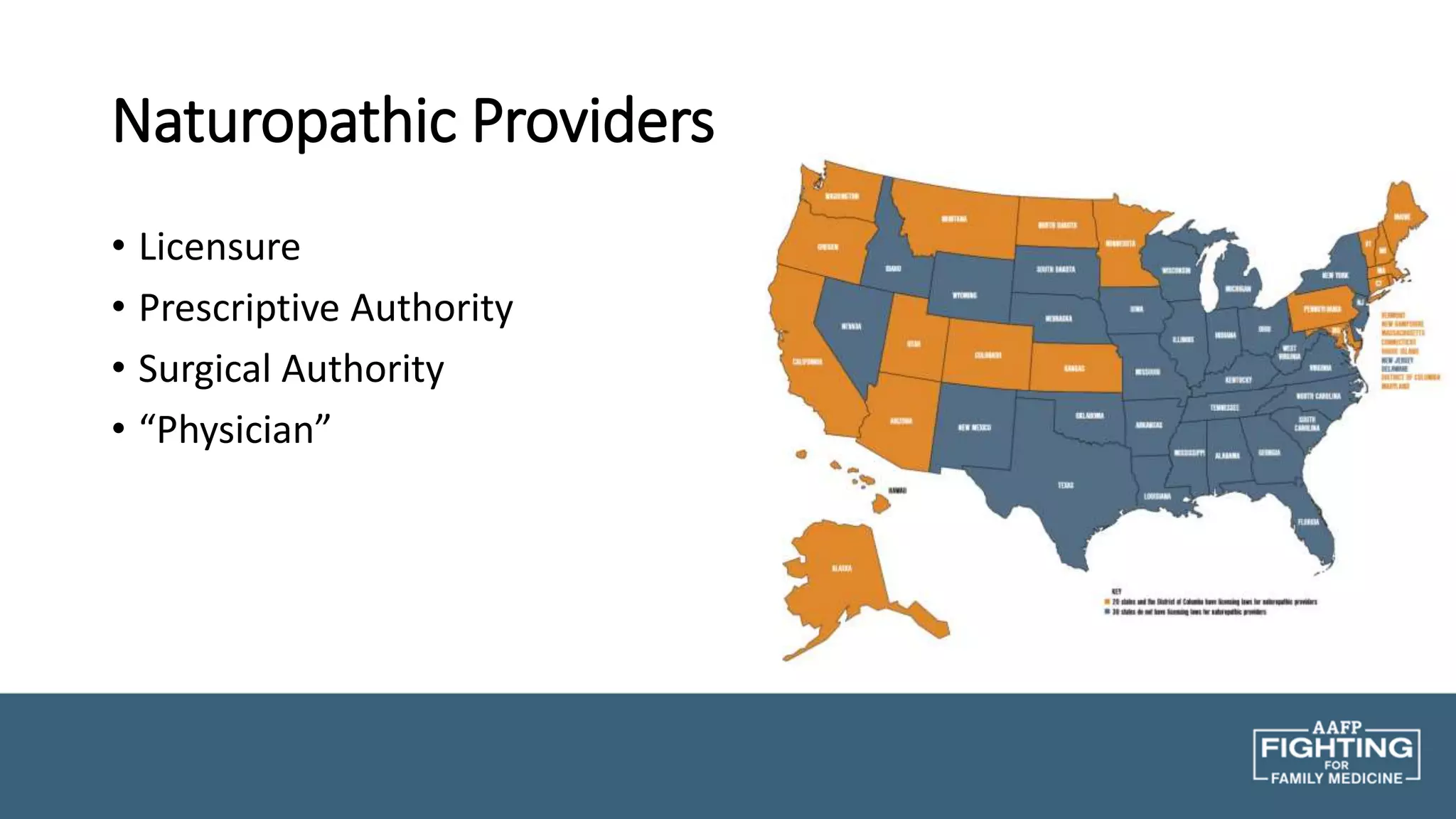 Naturopathic Providers
• Licensure
• Prescriptive Authority
• Surgical Authority
• “Physician”
 