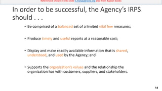 14
Referenced shown in into slide h.meligy@ieee.org also from Kaplan books
In order to be successful, the Agency’s IRPS
should . . .
• Be comprised of a balanced set of a limited vital few measures;
• Produce timely and useful reports at a reasonable cost;
• Display and make readily available information that is shared,
understood, and used by the Agency; and
• Supports the organization’s values and the relationship the
organization has with customers, suppliers, and stakeholders.
 