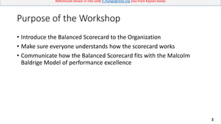 3
Referenced shown in into slide h.meligy@ieee.org also from Kaplan books
Purpose of the Workshop
• Introduce the Balanced Scorecard to the Organization
• Make sure everyone understands how the scorecard works
• Communicate how the Balanced Scorecard fits with the Malcolm
Baldrige Model of performance excellence
 