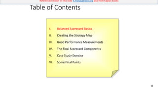 4
Referenced shown in into slide h.meligy@ieee.org also from Kaplan books
Table of Contents
I. Balanced Scorecard Basics
II. Creating the Strategy Map
III. Good Performance Measurements
IV. The Final Scorecard Components
V. Case Study Exercise
VI. Some Final Points
 