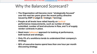 5
Referenced shown in into slide h.meligy@ieee.org also from Kaplan books
• The Organization will become more “strategically focused”
over the next ten years given the recent policy directive
issued by BSP (Budget & Strategic Planning).
• People at all levels have relied heavily on tactical
performance measurements, such as number of maps
submitted, number of land structures in flow, and % of supply
vendor contracts in place.
• Need more balanced approach to looking at performance,
both tactical and strategic.
• Only 5% of a workforce tends to understand their company’s
strategy.
• 86% of executive teams spend less than one hour per month
discussing strategy.
Why the Balanced Scorecard?
 