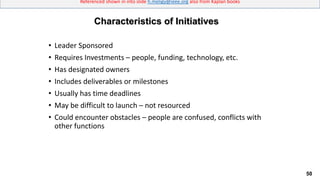 50
Referenced shown in into slide h.meligy@ieee.org also from Kaplan books
• Leader Sponsored
• Requires Investments – people, funding, technology, etc.
• Has designated owners
• Includes deliverables or milestones
• Usually has time deadlines
• May be difficult to launch – not resourced
• Could encounter obstacles – people are confused, conflicts with
other functions
Characteristics of Initiatives
 