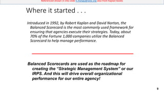 9
Referenced shown in into slide h.meligy@ieee.org also from Kaplan books
Where it started . . .
Introduced in 1992, by Robert Kaplan and David Norton, the
Balanced Scorecard is the most commonly used framework for
ensuring that agencies execute their strategies. Today, about
70% of the Fortune 1,000 companies utilize the Balanced
Scorecard to help manage performance.
Balanced Scorecards are used as the roadmap for
creating the “Strategic Management System” or our
IRPS. And this will drive overall organizational
performance for our entire agency!
 