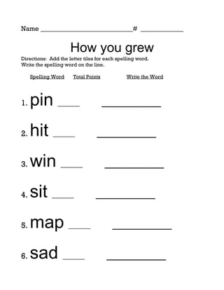 Name ____________________________# _____________


                     How you grew
Directions: Add the letter tiles for each spelling word.
Write the spelling word on the line.

     Spelling Word    Total Points            Write the Word




1.   pin ______                      _________

2.   hit ______                  _________

3.   win ______                      _________

4.   sit ______                 _________

5.   map ______                         _________

6.   sad ______                      _________
 