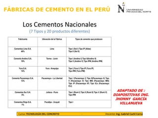 Curso: TECNOLOGÍA DEL CONCRETO - Docente: Ing. Gabriel Cachi Cerna
FÁBRICAS DE CEMENTO EN EL PERÚ
ADAPTADO DE :
DIAPOSITIVAS ING.
JHONNY GARCÍA
VILLANUEVA
 