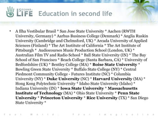 Education in second life

•   A Ilha Vestibular Brasil * San Jose State University * Aachen (RWTH
    University, Germany) * Aarhus Business College (Denmark) * Anglia Ruskin
    University (Cambridge and Chelmsford, UK) * Arcada University of Applied
    Sciences (Finland) * The Art Institute of California * The Art Institute of
    Pittsburgh * Audiocourses Music Production School (London, UK) *
    Australian Film TV and Radio School * Ball State University (IN) * The Bay
    School of San Francisco * Beach College (Santa Barbara, CA) * University of
    Bedfordshire (UK) * Bentley College (MA) * Boise State University *
    Bowling Green State University * Buffalo State College (NY) * Central
    Piedmont Community College - Futures Institute (NC) * Columbia
    University (NY) * Duke University (NC) * Harvard University (MA) *
    Hong Kong Polytechnic University * Idaho State University (Idaho) *
    Indiana University (IN) * Iowa State University * Massachusetts
    Institute of Technology (MA) * Ohio State University * Penn State
    University * Princeton University * Rice University (TX) * San Diego
    State University *
 