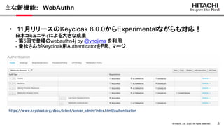 5© Hitachi, Ltd. 2020. All rights reserved.
主な新機能： WebAuthn
・ 11月リリースのKeycloak 8.0.0からExperimentalながらも対応！
- 日本コミュニティによる大きな...