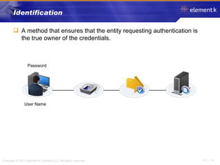 Identification A method that ensures that the entity requesting authentication is the true owner of the credentials. Password User Name 