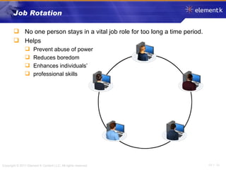 Job Rotation No one person stays in a vital job role for too long a time period. Helps Prevent abuse of power Reduces boredom Enhances individuals’  professional skills 