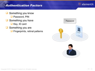 Authentication Factors Something you know Password, PIN Something you have Key, ID card Something you are Fingerprints, retinal patterns Password 