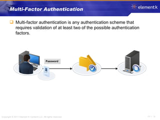 Multi-Factor Authentication Multi-factor authentication is any authentication scheme that requires validation of at least two of the possible authentication factors.  Password 