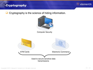 Cryptography Cryptography is the science of hiding information. Used to secure sensitive data transmissions Electronic Commerce ATM Cards Computer Security 