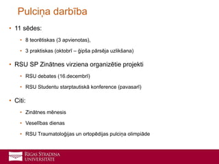• 11 sēdes:
• 8 teorētiskas (3 apvienotas),
• 3 praktiskas (oktobrī – ģipša pārsēja uzlikšana)
• RSU SP Zinātnes virziena organizētie projekti
• RSU debates (16.decembrī)
• RSU Studentu starptautiskā konference (pavasarī)
• Citi:
• Zinātnes mēnesis
• Veselības dienas
• RSU Traumatoloģijas un ortopēdijas pulciņa olimpiāde
Pulciņa darbība
 