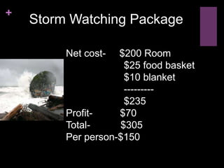 +
    Storm Watching Package

         Net cost-  $200 Room
                     $25 food basket
                     $10 blanket
                     ---------
                     $235
         Profit-    $70
         Total-     $305
         Per person-$150
 