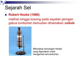Sejarah Sel
 Robert Hooke (1666)
melihat rongga kosong pada sayatan jaringan
gabus tumbuhan kemudian dinamakan cellula
Mikroskop rancangan Hooke
yang digunakan untuk
mengamati sel tumbuhan
 