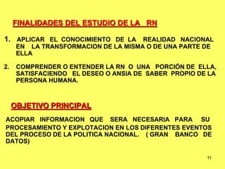 11
FINALIDADES DEL ESTUDIO DE LA RN
1. APLICAR EL CONOCIMIENTO DE LA REALIDAD NACIONAL
EN LA TRANSFORMACION DE LA MISMA O DE UNA PARTE DE
ELLA
2. COMPRENDER O ENTENDER LA RN O UNA PORCIÓN DE ELLA,
SATISFACIENDO EL DESEO O ANSIA DE SABER PROPIO DE LA
PERSONA HUMANA.
OBJETIVO PRINCIPAL
ACOPIAR INFORMACION QUE SERA NECESARIA PARA SU
PROCESAMIENTO Y EXPLOTACION EN LOS DIFERENTES EVENTOS
DEL PROCESO DE LA POLITICA NACIONAL. ( GRAN BANCO DE
DATOS)
 
