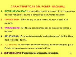 24
CARACTERISTICAS DEL PODER NACIONAL
1. INSTRUMENTALIDAD: La capacidad puesta al servicio de la consecución
de fines y objetivos, asume el carácter de instrumento de acción.
2. DINAMICIDAD: El PN de hoy, no es el mismo de ayer, ni será el de
mañana.
3. VARIABILIDAD: El PN está condicionado por los factores de tiempo y
espacio
4. RELATIVIDAD: En el sentido de que la “realidad concreta” del PN difiere
de la “creencia” del PN.
5. TOTALIDAD: El PN es la sumatoria de medios de toda naturaleza que el
Estado ha logrado poseer en su devenir histórico
6. DISPONIBILIDAD: Posibilidad de utilización inmediata.
 