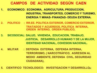 34
CAMPOS DE ACTIVIDAD SEGÚN CAEN
1. ECONOMICO: ECONOMIA, AGRICULTURA, PRODUCCION,
INDUSTRIA, TRANSPORTES, COMERCIO Y TURISMO,
ENERGIA Y MINAS- FINANZAS- DEUDA EXTERNA.
2. POLITICO : RR.EE. POLITICA EXTERIOR, COMERCIO EXTERIOR,
TRATADOS Y ACUERDOS, POLITICA INTERNA,
ORDEN INTERNO, ORDEN PUBLICO,
3. SICOSOCIAL: SALUD, VIVIENDA, EDUCACION, TRABAJO,
JUSTICIA, DESARROLLO HUMANO Y DE LA MUJER,
IDENTIDAD NACIONAL, COHESION NACIONAL.
4. MILITAR : DEFENSA EXTERNA, DEFENSA INTERNA,
TERRORISMO, ( NARCOTRÁFICO, AGRESION AL
MEDIO AMBIENTE, DEFENSA CIVIL, SEGURIDAD
CIUDADANA),
5. CIENTIFICO TECNOLOGICO: INVESTIGACION Y DESARROLLO
 