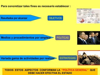 38
Para concretizar tales fines es necesario establecer :
Resultados por alcanzar OBJETIVOS
Medios y procedimientos por emplear POLITICAS
Variada gama de actividades por realizar ESTRATEGIAS
TODOS ESTOS ASPECTOS CONFORMAN LA “POLÍTICA GENERAL” QUE
DEBE HACER EFECTIVA EL ESTADO
 