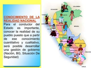 CONOCIMIENTO DE LA
REALIDAD NACIONAL
Para el conductor del
Estado es importante,
conocer la realidad de su
pueblo puesto que a partir
de ese conocimiento
cuantitativo y cualitativo,
será posible desarrollar
una gestión de gobierno
(Nación, BG, Situación De
Seguridad)
 