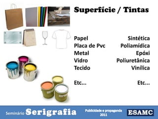 Superfície / Tintas

Papel
Placa de Pvc
Metal
Vidro
Tecido
Etc...

Seminário

Serigrafia

Sintética
Poliamídica
Epóxi
Poliuretânica
Vinílica
Etc...

 