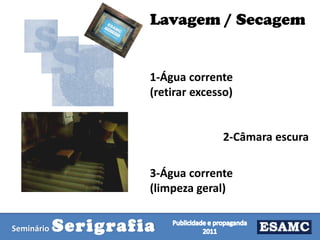 Lavagem / Secagem

1-Água corrente
(retirar excesso)

2-Câmara escura
3-Água corrente
(limpeza geral)
Seminário

Serigrafia

 