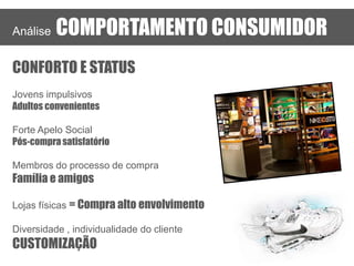 Análise

COMPORTAMENTO CONSUMIDOR

,

CONFORTO E STATUS
Jovens impulsivos
Adultos convenientes
Forte Apelo Social
Pós-compra satisfatório
Membros do processo de compra

Família e amigos

Lojas físicas = Compra alto envolvimento
Diversidade , individualidade do cliente

CUSTOMIZAÇÃO

 