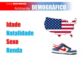 Análise MACRO AMBIENTAL

Ambiente

DEMOGRÁFICO

Idade
Natalidade
Sexo
Renda

 