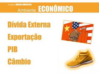 Análise MACRO AMBIENTAL

Ambiente

ECONÔMICO

Dívida Externa
Exportação

PIB
Câmbio

 