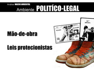 Análise MACRO AMBIENTAL

Ambiente

POLITÍCO-LEGAL

Mão-de-obra
Leis protecionistas

 