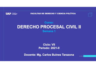 Curso:
DERECHO PROCESAL CIVIL II
Semana 1
Ciclo: VII
Periodo: 2021-II
Docente: Mg. Carlos Bulnes Tarazona
FACULTAD DE DERECHO Y CIENCIA POLÍTICA
 