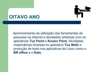 OITAVO ANO
Aprimoramento da utilização das ferramentas de
pesquisa na internet e atividades artísticas com os
aplicativos Tux Paint e Koulor Paint. Atividades
matemáticas diversas no aplicativo Tux Math e
produção de texto nos aplicativos do Linux como o
BR office e o Kate.
 