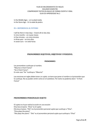 PLAN DE MEJORAMIENTO DE INGLES
SEGUNDO SEMESTRE
COMPRENDER TEXTOS EN INGLES DE FORMA ESCRITA Y ORAL
GUIA DE APRENDIZAJE No 2
Página 5 de 9
In the Middle Ages – en la edad media
In the Stone Age – En la edad de piedra
IN + REFERENCIA AL FUTURO
I will be there in two days – Estaré allí en dos días
In nine months – en nueve meses
In five minutes – en cinco minutos
In three year – en tres años
In seven ours – en siete horas
PRONOMBRES SUJETIVOS, OBJETIVOS Y POSESIVO.
PRONOMBRES
Los pronombres sustituyen al nombre.
“Maurice is from France”
“He is from France”.
En este caso “He “sustituye a “Maurice”
Las oraciones en ingles deben tener un sujeto: se tiene que poner el nombre o el pronombre que
lo sustituye. No se pueden omitir como en el castellano. Por tanto no podemos decir: “Is from
France”
PRONOMBRES PERSONALES SUJETO
El sujeto es el que realiza la acción en una oración
Elisa toca el piano. “Elisa” es el sujeto
Ella toca el piano. “Ella” es el pronombre personal sujeto que sustituye a “Elisa”.
“Elisa plays the piano”
“She plays the piano”. “She” es el pronombre personal sujeto que sustituye a “Elisa”
 