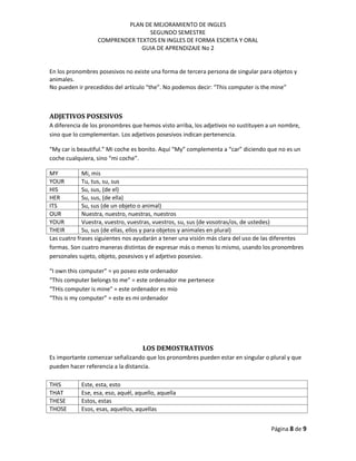 PLAN DE MEJORAMIENTO DE INGLES
SEGUNDO SEMESTRE
COMPRENDER TEXTOS EN INGLES DE FORMA ESCRITA Y ORAL
GUIA DE APRENDIZAJE No 2
Página 8 de 9
En los pronombres posesivos no existe una forma de tercera persona de singular para objetos y
animales.
No pueden ir precedidos del artículo “the”. No podemos decir: “This computer is the mine”
ADJETIVOS POSESIVOS
A diferencia de los pronombres que hemos visto arriba, los adjetivos no sustituyen a un nombre,
sino que lo complementan. Los adjetivos posesivos indican pertenencia.
“My car is beautiful.” Mi coche es bonito. Aquí “My” complementa a “car” diciendo que no es un
coche cualquiera, sino “mi coche”.
MY Mi, mis
YOUR Tu, tus, su, sus
HIS Su, sus, (de el)
HER Su, sus, (de ella)
ITS Su, sus (de un objeto o animal)
OUR Nuestra, nuestro, nuestras, nuestros
YOUR Vuestra, vuestro, vuestras, vuestros, su, sus (de vosotras/os, de ustedes)
THEIR Su, sus (de ellas, ellos y para objetos y animales en plural)
Las cuatro frases siguientes nos ayudarán a tener una visión más clara del uso de las diferentes
formas. Son cuatro maneras distintas de expresar más o menos lo mismo, usando los pronombres
personales sujeto, objeto, posesivos y el adjetivo posesivo.
“I own this computer” = yo poseo este ordenador
“This computer belongs to me” = este ordenador me pertenece
“THis computer is mine” = este ordenador es mío
“This is my computer” = este es mi ordenador
LOS DEMOSTRATIVOS
Es importante comenzar señalizando que los pronombres pueden estar en singular o plural y que
pueden hacer referencia a la distancia.
THIS Este, esta, esto
THAT Ese, esa, eso, aquél, aquello, aquella
THESE Estos, estas
THOSE Esos, esas, aquellos, aquellas
 