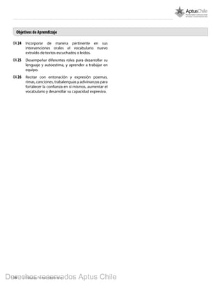14 1º Básico, Primer Semestre
Objetivos de Aprendizaje
OA 24	 Incorporar de manera pertinente en sus
intervenciones orales el vocabulario nuevo
extraído de textos escuchados o leídos.
OA 25	 Desempeñar diferentes roles para desarrollar su
lenguaje y autoestima, y aprender a trabajar en
equipo.
OA 26	 Recitar con entonación y expresión poemas,
rimas, canciones, trabalenguas y adivinanzas para
fortalecer la confianza en sí mismos, aumentar el
vocabulario y desarrollar su capacidad expresiva.
Derechos reservados Aptus Chile
 