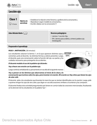 271º Básico, Primer Semestre
Lección • ojo Clase 1
Clase 1
2 horas‹
• Establecer la relación entre fonema y grafema de la consonante j.
• Reproducir según modelo la consonante j.
• Escribir sílabas con la consonante“j”
Lección ojo
PASO 1. MOTIVACIÓN. (30 minutos)
Los estudiantes obseran la lámina 1, en la que aparecen distintos ojos y
comentan, junto al docente, las distintas formas y colores presentes. Luego,
el docente, guía una conversación sobre la función del ojo, sus partes y los
cuidados necesarios para protegerlos de accidentes.
El docente modela el uso de la palabra ojo diciendo:
Voy a hacer una oración con la palabra ojo.
Luegocontinúaverbalizandosupensamientoenvozaltadelasiguientemanera:
Voy a pensar en las láminas que observamos al inicio de la clase y la
conversación que tuvimos sobre los ojos, para inventar mi oración. Mi oración es: Hay niños que tienen los ojos
de color café.
El docente pide a los estudiantes que levanten la mano los que se sientan identificados con la oración. Luego, pide
a quienes tengan los ojos de otro color, que digan en voz alta oraciones similares a la anterior y las comparan.
El docente finaliza esta actividad preguntando qué tienen en común todas las oraciones mencionadas, focalizando
así la atención de los estudiantes en la palabra“ojo ”.
Preparando el aprendizaje
1º Básico, Primer Semestre
Lección ojo - Clase 1Lámina 1 Material exclusivo para enseñanza
ojos
1
Libro Método Matte Recursos pedagógicos
•	 Lámina 1 Lección Ojo.
•	 PA1, lámina para análisis y síntesis palabra ojo.
Deslizógrafo.
Objetivos de
aprendizaje
Derechos reservados Aptus Chile
 