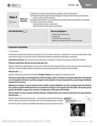 351º Básico, Primer Semestre
Lección • ojo Clase 4
Clase 4
2 horas‹
• Establecer la relación entre fonema y grafema de la consonante j.
• Comprender poema aplicando estrategias de comprensión lectora; por ejemplo:
- activar conocimientos previos.
•Participaractivamenteenunaconversaciónenparejasobretextosleídosoescuchados
en clases o temas de su interés:
- expresando sus ideas u opiniones.
- demostrando interés ante lo escuchado.
(15 minutos)
Comienzan practicando la lectura de la lección ojo en forma colectiva e individual. En esta clase aprenderán algo
más sobre los ojos y lo que ellos hacen. El docente modela la expresión de felicidad y pregunta:
¿Qué hacen mis ojos? Una vez que varios voluntarios compartan su idea con el grupo, el docente continúa:
Entonces podríamos afirmar que hay ojos que ríen.
Algunos voluntarios representan una emoción, utilizando solo la expresión de su rostro, para que los compañeros la
adivinen. El docente pide utilizar la siguiente estructura para describir la emoción representada:
Hay ojos que ……..
Luego, el docente, presenta la estrategia Yo digo, Tú dices para trabajar en pareja, diciendo:
HoyvamosapracticarunaestrategiaquesellamaYodigo,túdices.Consisteencontestarpreguntas,comentando
con el compañero de banco sus ideas, pongan mucha atención a lo que la pareja dice, ya que luego lo deberán
compartir con el curso.
Hagamos un ensayo. Yo soy un alumno como ustedes y estoy trabajando con XX. La pregunta que nos hicieron
fue: ¿Cuál es nuestro helado favorito? Yo le comento a XX que a mí me gusta el de chocolate. XX me dice que le
gusta el de frutilla. Luego, yo les comento a ustedes que a XX le gusta el de frutilla.
Ahora ustedes. Yo voy a mostrar distintas láminas. Ustedes tienen que comentar qué hacen esos ojos diciendo,
hay ojos que……
Observan las láminas 4a, Hayojosque ... y comentan en pareja. Entre lámina y
lámina, algunos voluntarios comparten con el curso la respuesta de su pareja.
Finalmente, leen un poema que habla sobre algunas cosas que hacen los ojos.
Preparando el aprendizaje
1º Básico, Primer Semestre
Lámina Material exclusivo para enseñanzaLección ojo - Clase 44a
Hay ojos que...
¿Qué hacen estos ojos?
4a
Recursos pedagógicos
•	 Lámina 4a Hay ojos que…
•	 Lámina 4b.
•	 Cartel 4b Poema Hay ojos.
•	 Material complementario Poema Hay ojos.
Libro Método Matte
Objetivos de
aprendizaje
Derechos reservados Aptus Chile
 