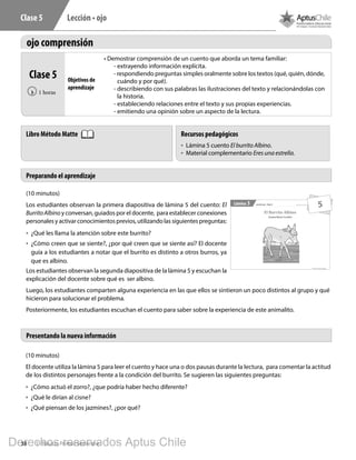 38 1º Básico, Primer Semestre
Lección • ojoClase 5
Clase 5
1 horas‹
• Demostrar comprensión de un cuento que aborda un tema familiar:
- extrayendo información explícita.
- respondiendo preguntas simples oralmente sobre los textos (qué, quién, dónde,
cuándo y por qué).
- describiendo con sus palabras las ilustraciones del texto y relacionándolas con
la historia.
- estableciendo relaciones entre el texto y sus propias experiencias.
- emitiendo una opinión sobre un aspecto de la lectura.
(10 minutos)
Los estudiantes observan la primera diapositiva de lámina 5 del cuento: El
BurritoAlbino y conversan, guiados por el docente, para establecer conexiones
personales y activar conocimientos previos, utilizando las siguientes preguntas:
•	 ¿Qué les llama la atención sobre este burrito?
•	 ¿Cómo creen que se siente?, ¿por qué creen que se siente así? El docente
guía a los estudiantes a notar que el burrito es distinto a otros burros, ya
que es albino.
Los estudiantes observan la segunda diapositiva de la lámina 5 y escuchan la
explicación del docente sobre qué es ser albino.
Luego, los estudiantes comparten alguna experiencia en las que ellos se sintieron un poco distintos al grupo y qué
hicieron para solucionar el problema.
Posteriormente, los estudiantes escuchan el cuento para saber sobre la experiencia de este animalito.
Preparando el aprendizaje
Presentando la nueva información
1º Básico, Primer Semestre
Lámina Material exclusivo para enseñanzaLección ojo - Clase 55
El Burrito Albino
Claudia Mariel Corallini
5
Recursos pedagógicos
•	 Lámina 5 cuento El burrito Albino.
•	 Material complementario Eres una estrella.
Libro Método Matte
ojo comprensión
(10 minutos)
El docente utiliza la lámina 5 para leer el cuento y hace una o dos pausas durante la lectura, para comentar la actitud
de los distintos personajes frente a la condición del burrito. Se sugieren las siguientes preguntas:
•	 ¿Cómo actuó el zorro?, ¿que podría haber hecho diferente?
•	 ¿Qué le dirían al cisne?
•	 ¿Qué piensan de los jazmines?, ¿por qué?
Objetivos de
aprendizaje
Derechos reservados Aptus Chile
 