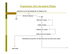 O processo AIA em outros Países
APRESENTAÇÃO DE PEDIDO DE AUTORIZAÇÃO
Decisão de dispensa
Análise do plano
Relatório de scoping
Análise técnica do relatório
Identificação de questões e de alternativas que necessitem mais estudos
ETAPA INICIAL
Sim
Não
Aprovada
Plano para scoping
 