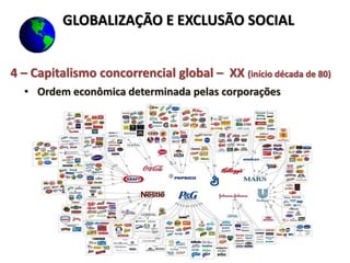 4 – Capitalismo concorrencial global – XX (início década de 80)
• Ordem econômica determinada pelas corporações
GLOBALIZAÇÃO E EXCLUSÃO SOCIAL
 