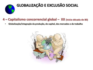 4 – Capitalismo concorrencial global – XX (início década de 80)
• Globalização/integração da produção, do capital, dos mercados e do trabalho
GLOBALIZAÇÃO E EXCLUSÃO SOCIAL
 