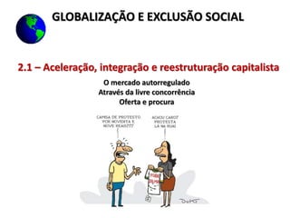 2.1 – Aceleração, integração e reestruturação capitalista
O mercado autorregulado
Através da livre concorrência
Oferta e procura
GLOBALIZAÇÃO E EXCLUSÃO SOCIAL
 