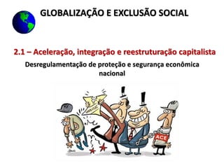 2.1 – Aceleração, integração e reestruturação capitalista
Desregulamentação de proteção e segurança econômica
nacional
GLOBALIZAÇÃO E EXCLUSÃO SOCIAL
 