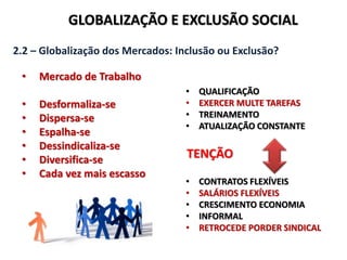 GLOBALIZAÇÃO E EXCLUSÃO SOCIAL
2.2 – Globalização dos Mercados: Inclusão ou Exclusão?
• Mercado de Trabalho
• Desformaliza-se
• Dispersa-se
• Espalha-se
• Dessindicaliza-se
• Diversifica-se
• Cada vez mais escasso
TENÇÃO
• QUALIFICAÇÃO
• EXERCER MULTE TAREFAS
• TREINAMENTO
• ATUALIZAÇÃO CONSTANTE
• CONTRATOS FLEXÍVEIS
• SALÁRIOS FLEXÍVEIS
• CRESCIMENTO ECONOMIA
• INFORMAL
• RETROCEDE PORDER SINDICAL
 
