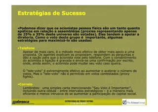 Estratégias de Sucesso

•Podemos dizer que os acionistas pessoa física são um tanto quanto
apáticos em relação a assembléias (proxies representando apenas
de 25% a 35% deste universo são votadas). Eles tendem a apoiar a
diretoria. Como o voto deste grupo é importante, algumas
estratégias para maximizá-lo são usadas:

•Telefone
  Apesar de mais caro, é o método mais efetivo de obter mais apoio a uma
  proposta. Os agentes explicam as propostam, respondem as perguntas e
  dão a opção para que o acionista vote pelo telefone. Com o consentimento
  do acionista a ligação é gravada e envia-se uma confirmação por escrito,
  onde, ainda assim, o acionista pode mudar seu voto caso queira.

  O “tele-voto” é extremamente efetivo ao aumentar e acelerar o número de
  votos. Mas o “tele-voto” não é permitido em votos contestados (proxy
  fights).

•Correio
  Lembretes: uma simples carta mencionando “Seu Voto é Importante!”,
  incluindo outra cédula - entre intervalos estratégicos – é a maneira mais
  eficiente e menos intrusiva de se aumentar a participação do capital social.
 